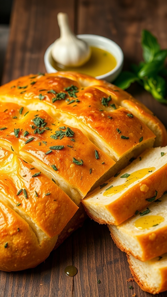 Crispy garlic bread with olive oil, sliced and garnished with herbs on a wooden table.